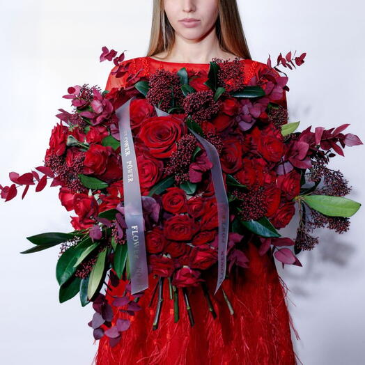 Duchess Dream: Large Bouquet of 50 Burgundy Red Roses, 20 Red Spray Roses, and 2 Red Eucalyptus