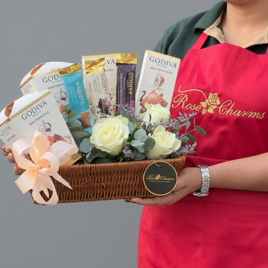 Godiva Chocolates with White Roses