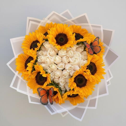 Elegant 14 Sunflowers 31 White Roses Bouquet