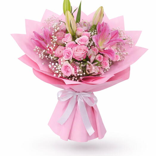 Elegant Pink Flower Bouquet | Roses   Lilies Arrangement