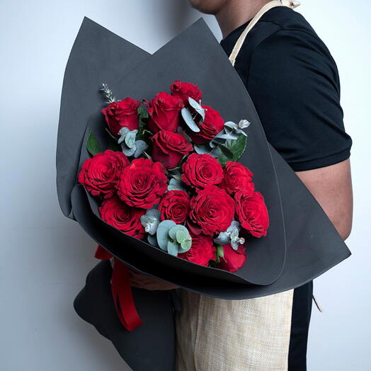 15 Red Roses Bouquet With Eucalyptus-1441