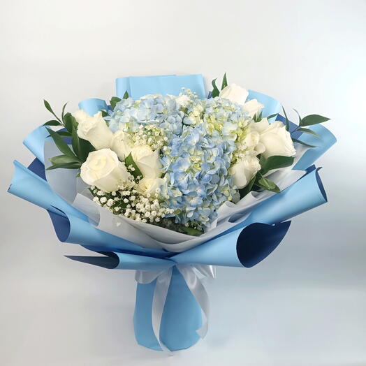 Luxury Blue Hydrangea And White Rose Bouquet