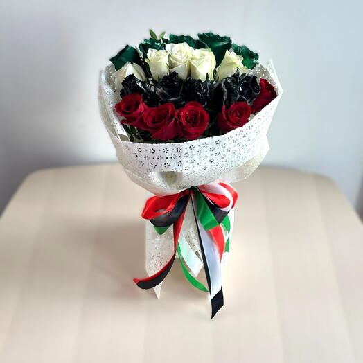 "Spirit of Unity Bouquet | 20 UAE Flag-Coloured Roses – National Day Floral Tribute"