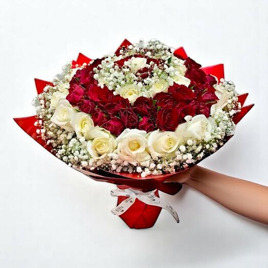 Elegant Harmony Bouquet – 75 Red   White Roses with Baby s Breath