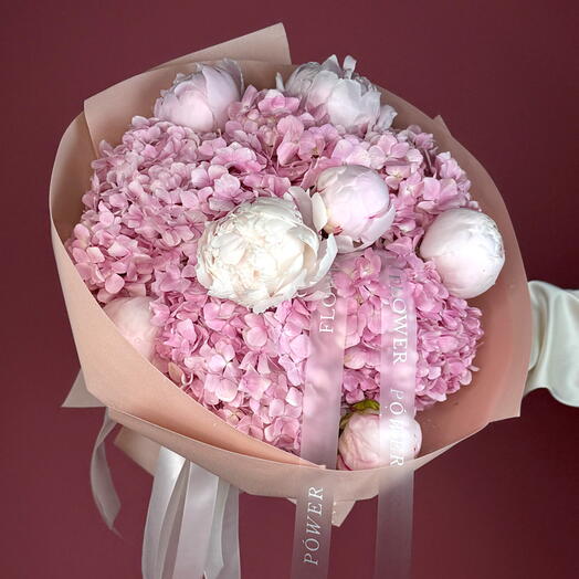 Soft and Pink: Bouquet of Pink Hydrangea and White Peonies