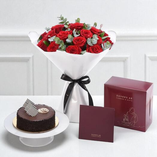 24 Red Roses Scarlet Bouquet with Classic Chocolate Cake – Romantic Gift Combo
