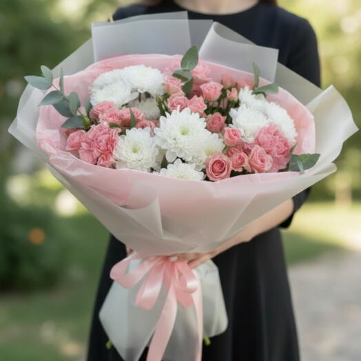 Petal Whisper Bouquet | Pink Spray Roses, Carnations   White Chrysanthemums