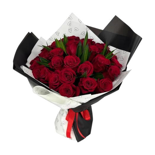 ramo de 35 rosas rojas con toque verde