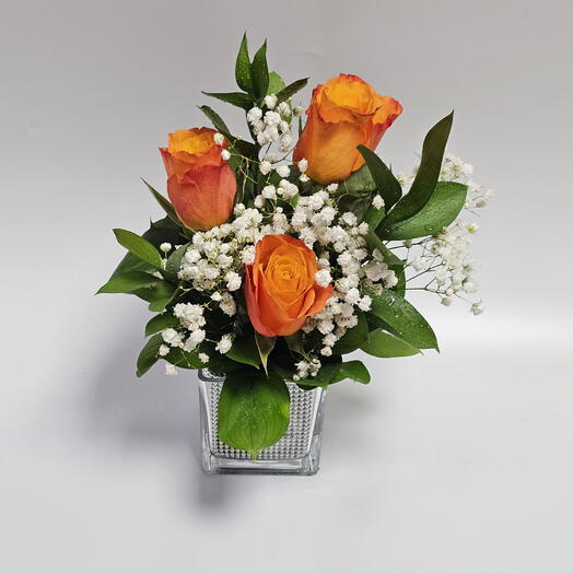 Orange Roses Small Glass Vase Arrangement HPF239