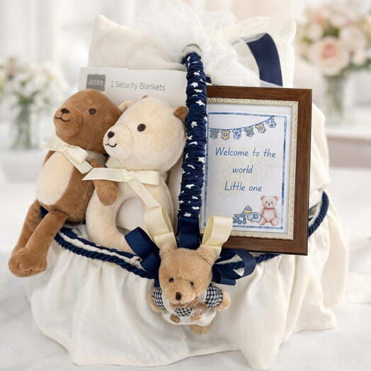 Подарочная корзина для новорождённого мальчика с бесплатной поздравительной открыткой
