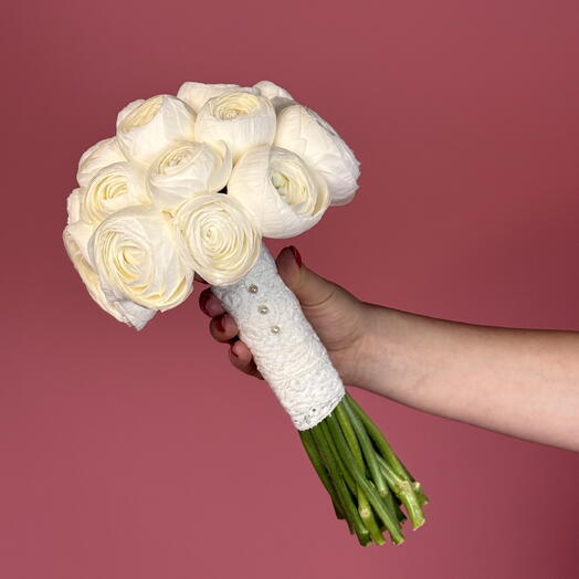 The Bride: A Bouquet of 21 White Ranunculus Wrapped in White Lace