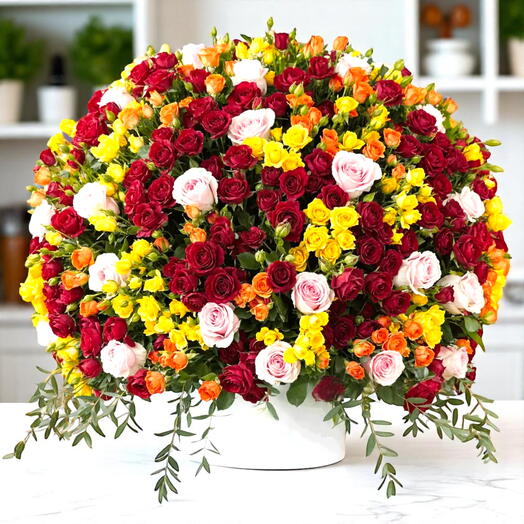 Symphonie florale « Grand coucher de soleil » | Roses roses, jaunes, orange et rouge | Fleurs des Émirats arabes unis en ligne