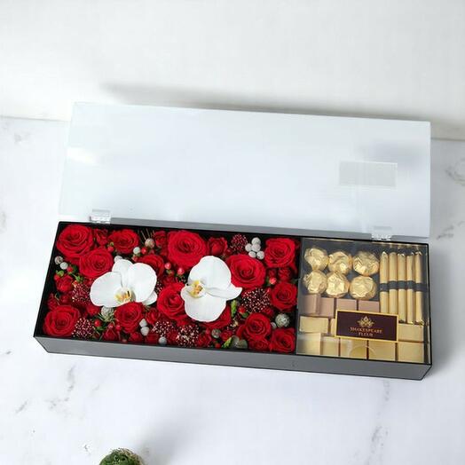 Romantic Red Roses   Orchid Flower Box with Luxury Chocolates – 80cm Acrylic Gift Set
