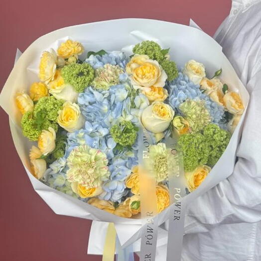 Dreamy Dawn: Bouquet of Hydrangea, Roses, Carnations and Viburnum