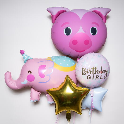 Cute Pink Animal Happy Birthday Girl Foil Balloon Set  7452