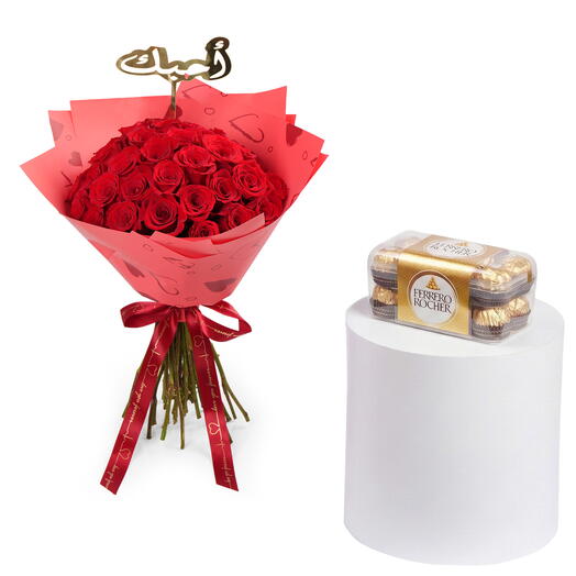 Букет из 35 красных роз «Любовь» с арабской биркой и набором Ferrero Rocher
