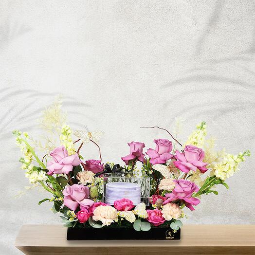 Purple Flamingo Cake and Flowers