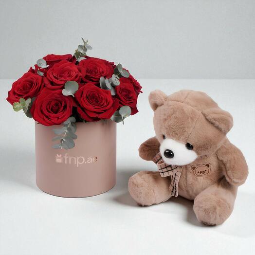 Red Roses in Box with Brown Teddy Combo