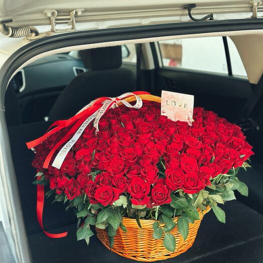 201 red roses in basket