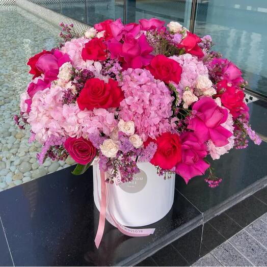 Magenta | Box Arrangement | Pink Hydrangeas | Fuchsia Roses | Baby Roses