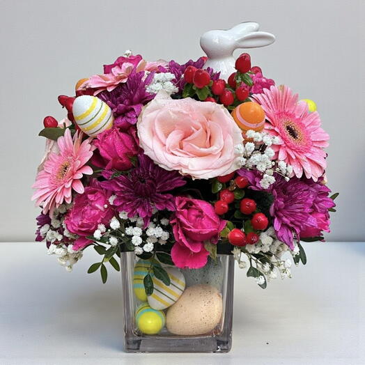 Easter Bunny Vase – Pink Roses, Gerberas, Chrysanthemums   Sunflowers with Eggs