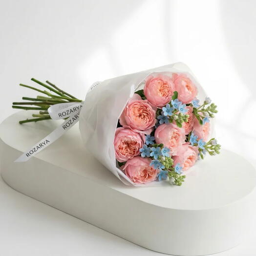 Пастельная мечта, связанная вручную: Персиковая садовая роза   Небесно-голубая Tweedia Luxe