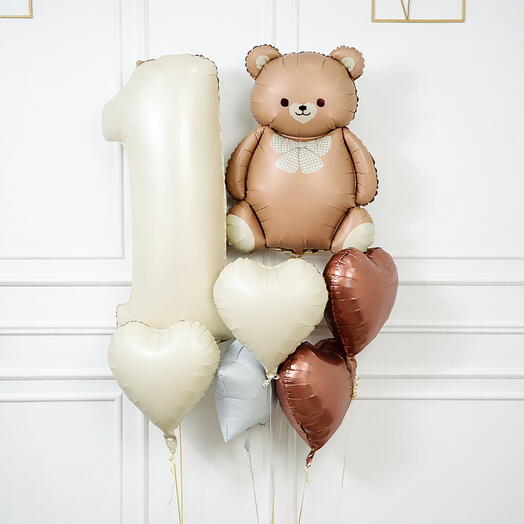 مجموعة دب تيدي بلون كريمي وبالون رقائقي على شكل قلب مع أي رقم