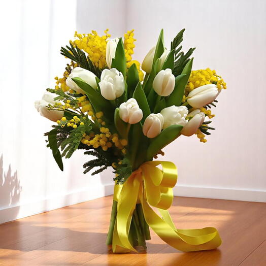 Золотая грация – Мимоза   Букет из белых тюльпанов