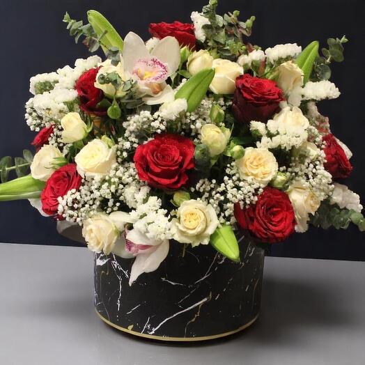 Romantic Red   White Rose Flower Box with Lilies, Orchids, Eucalyptus   Gypsophila – Luxury Marble Round Arrangement