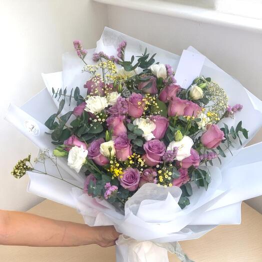 Purple Paradise Rose Bouquet with White Carnations, Eucalyptus, Statice   Yellow Gypsophila – Luxury Long-Stem Floral Gift