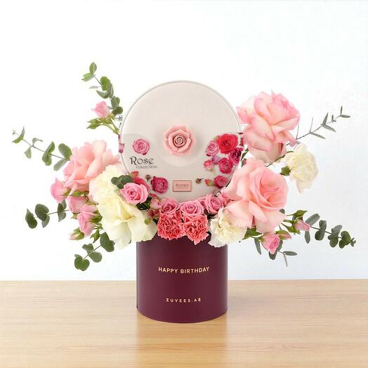 Розовый сад   белый шоколад цветочная коробка на день рождения