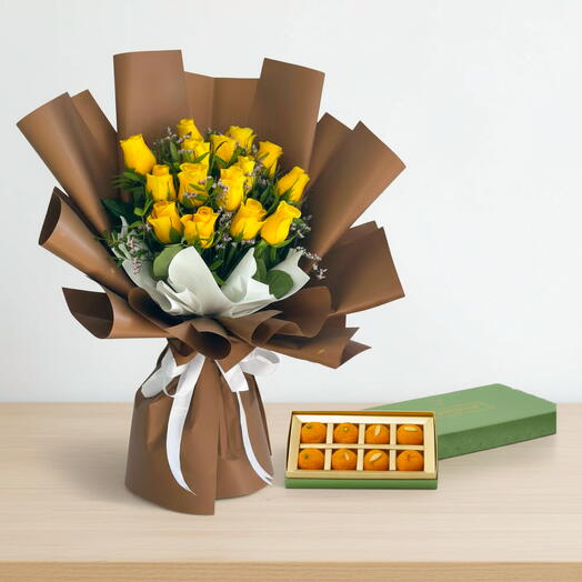 15 yellow rose and Gangour Motichur Laddus