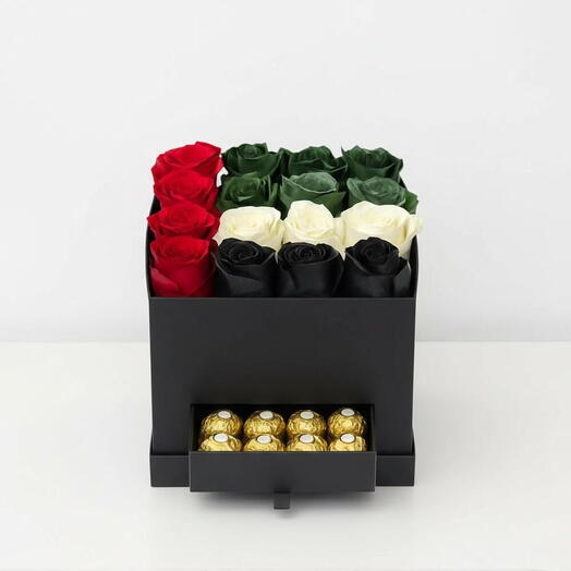 UAE National Day Bloom Box | 16 Flag Roses   Ferrero Rocher – Elegant Patriotic Gift Dubai