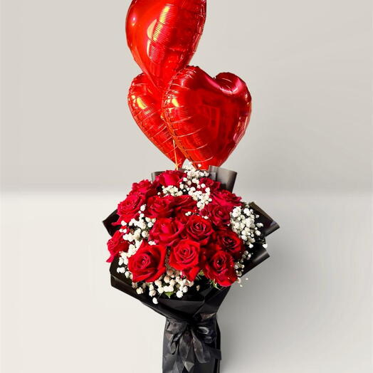 Red rose bouquet with balloon