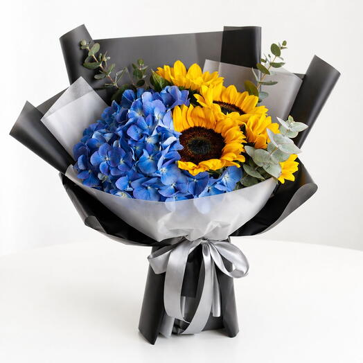 Blue Hydrangea Sunflower Bouquet