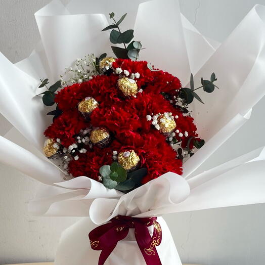 11 Carnations 7 Ferrero Rochers in White Wrap