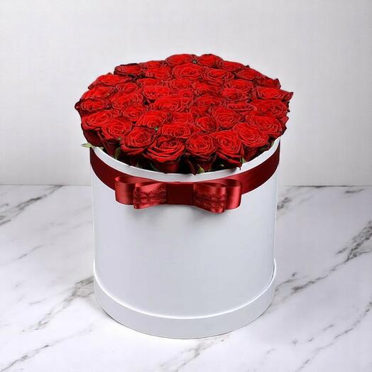 Luxury White Box of 35 Red Roses | Elegant Round Gift Box Arrangement