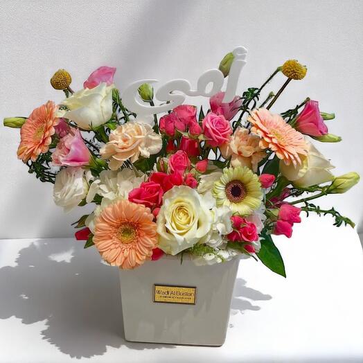 Bright Mixed Flower Arrangement for Mom | Peach Gerbera, Roses   Lisianthus in Box