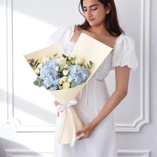 Blue Bliss Hydrangea and White Rose Bouquet – Newborn Baby Boy Gift