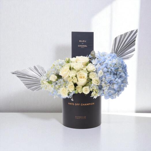 Hats Off Champion Graduation Flower Box with BLEU DE CHANEL – Luxe Floral Gift for Men