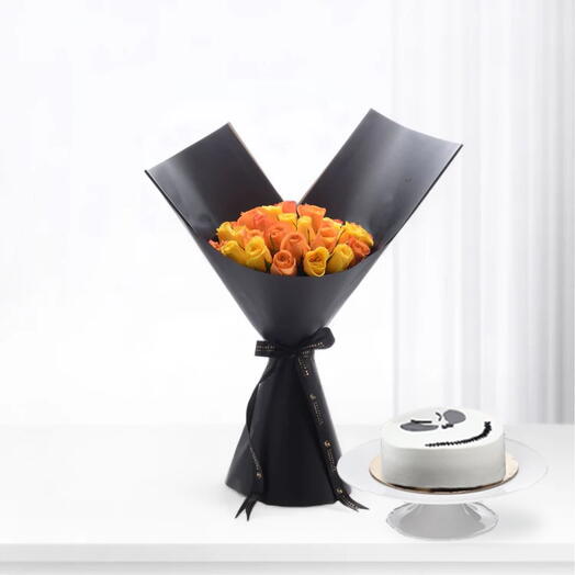 Midnight Ember Bouquet With Halloween Chocolate Cake