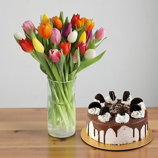 Oreo Cheesecake with Mixed Tulips Vase