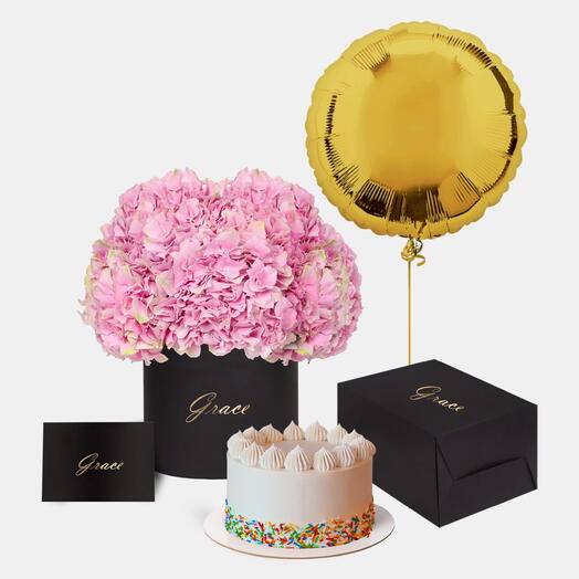 Pink Hydrangea in Box with Funfetti Cake Bundle