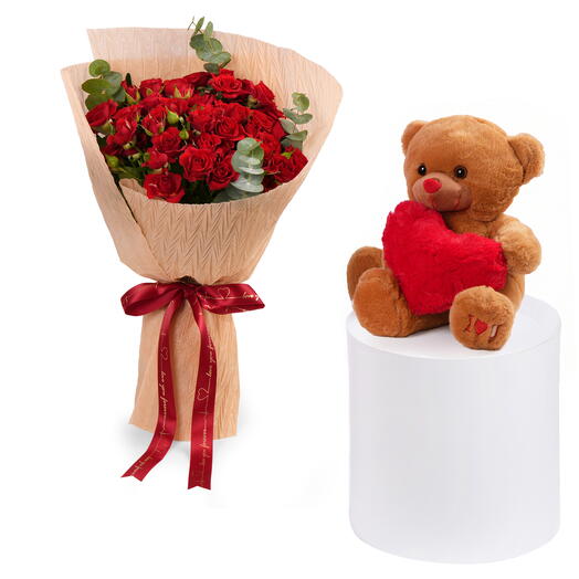 Букет из мини-роз в золотой упаковке с мишкой