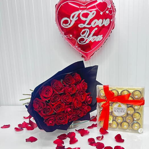 Комбо из 21 красной розы и 24 конфет Ferrero Rocher
