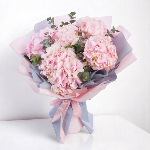 Elegant Pink Hydrangea and Eucalyptus Bouquet – 5-Stem Pastel Bloom Arrangement with Wrapping and Ribbon