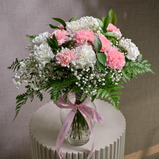 Pink and White Carnation Bouquet in Glass Vase 6825