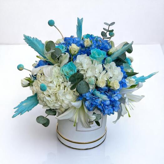 Elegant Blue   White Luxury Flower Box with Lilies, Roses, Hydrangeas, and Eucalyptus