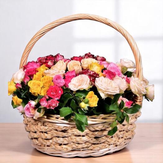 Blossom Garden Rose Basket | Mixed Color Spray Roses in Woven Basket | 45x55cm | Vibrant Floral Gift for Any Occasion