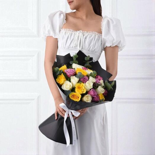 Radiant Rhapsody Rose Bouquet – Yellow, White   Purple Roses in Elegant Black Wrap
